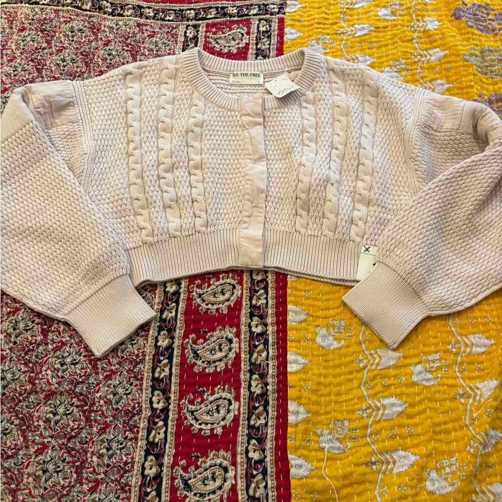 We The Free Cropped Heritage Ivory/Beige Cable Knit Cardigan